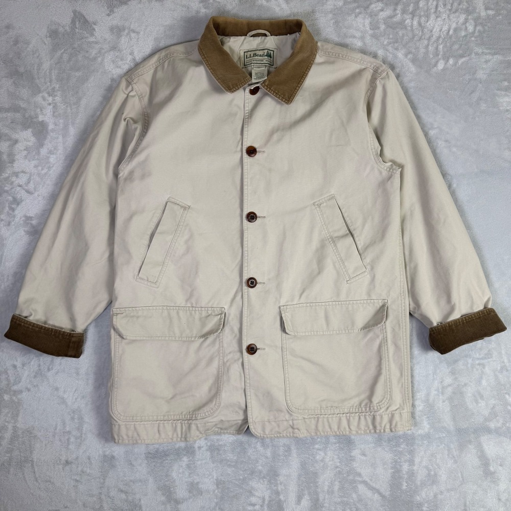 LL Bean Field Coat Mens L Tan Canvas Corduroy Trim Barn Jacket